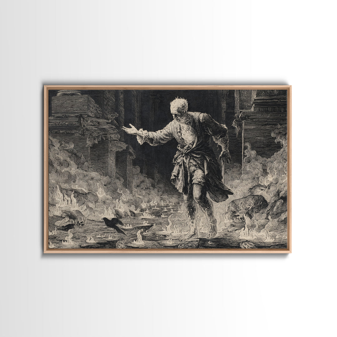 The Candlewax Man, Architectural Etching Art, Landscape Wall Art, Macabre Wall Art, Framed Canvas Print, Halloween Wall Art