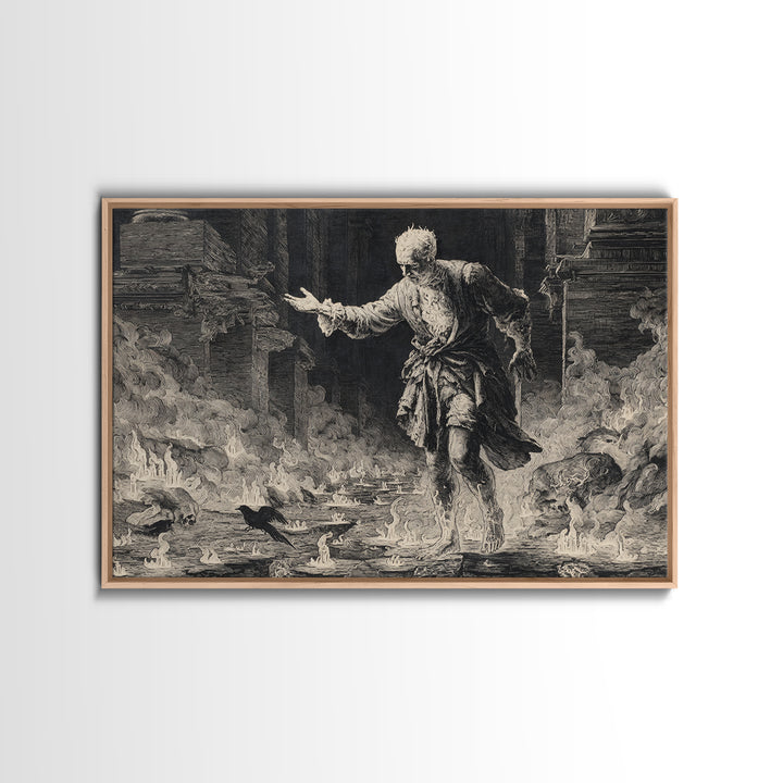 The Candlewax Man, Architectural Etching Art, Landscape Wall Art, Macabre Wall Art, Framed Canvas Print, Halloween Wall Art