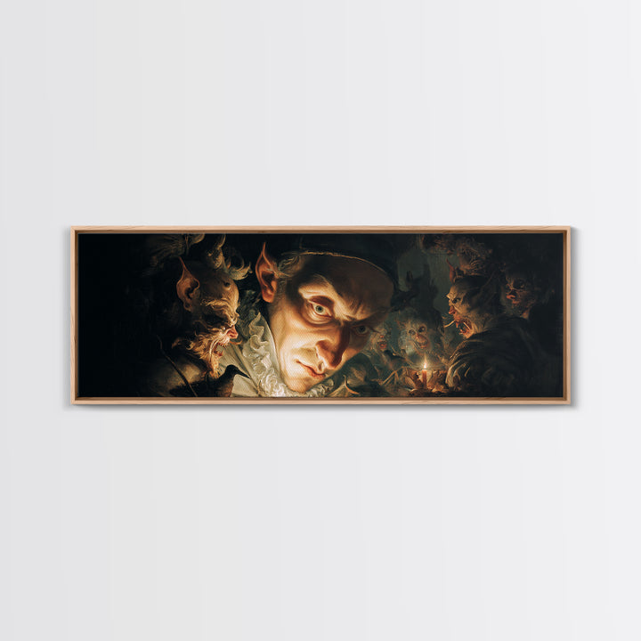 The Mirror Spirit, Medieval Grotesque Art, Extra Wide Wall Art, Dark Halloween Decor, Framed Canvas Print, Halloween Wall Art