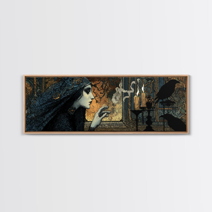 The Mirror Spirit, Stained Glass Gothic Art, Extra Wide Wall Art, Dark Halloween Decor, Framed Canvas Print, Halloween Wall Art