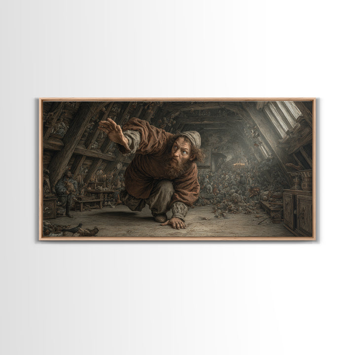 The Attic Whisperer, Northern Renaissance Horror, Wide Panoramic Art, Dark Fantasy Wall Art, Framed Canvas Print