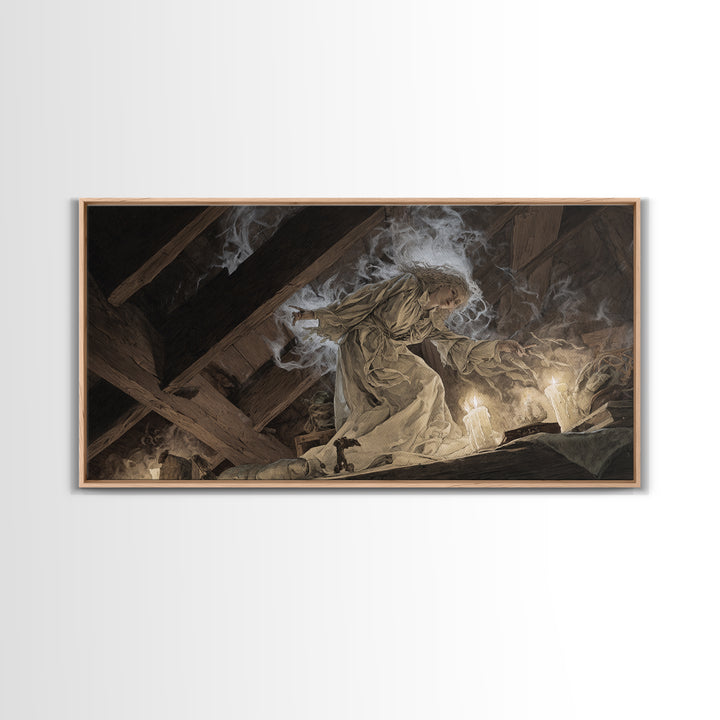 The Attic Whisperer, Visionary Gothic Art, Wide Panoramic Art, Dark Fantasy Wall Art, Framed Canvas Print, Halloween Wall Art
