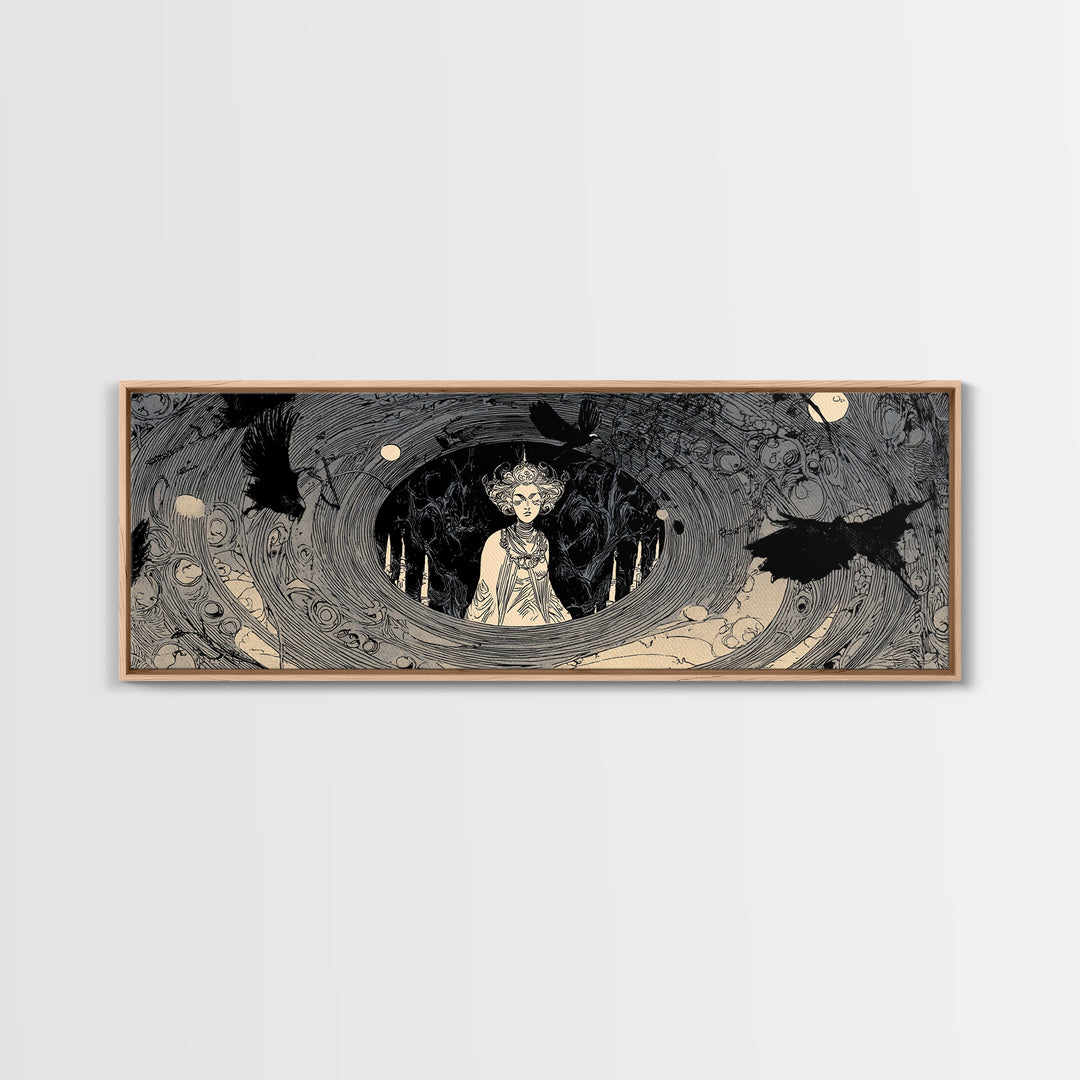 The Attic Whisperer, Decadent Line Art, Extra Wide Wall Art, Macabre Wall Art, Framed Canvas Print, Halloween Wall Art