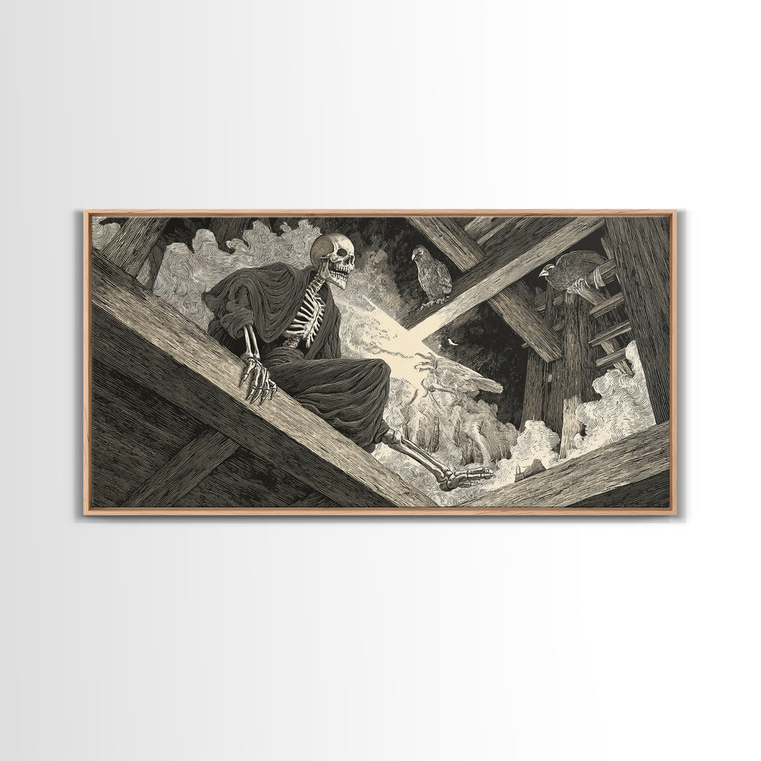 The Attic Whisperer, Macabre Folk Print Art, Wide Panoramic Art, Dark Halloween Decor, Framed Canvas Print, Halloween Wall Art