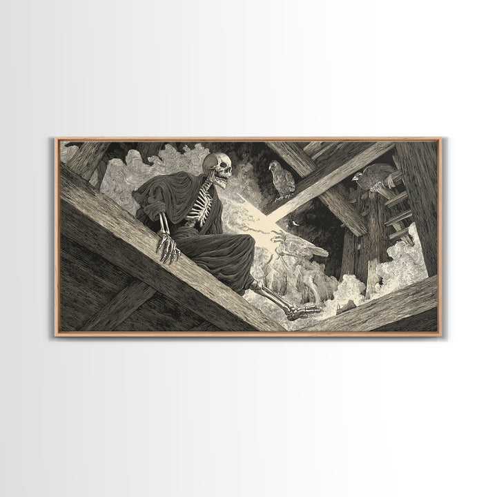 The Attic Whisperer, Macabre Folk Print Art, Wide Panoramic Art, Dark Halloween Decor, Framed Canvas Print, Halloween Wall Art