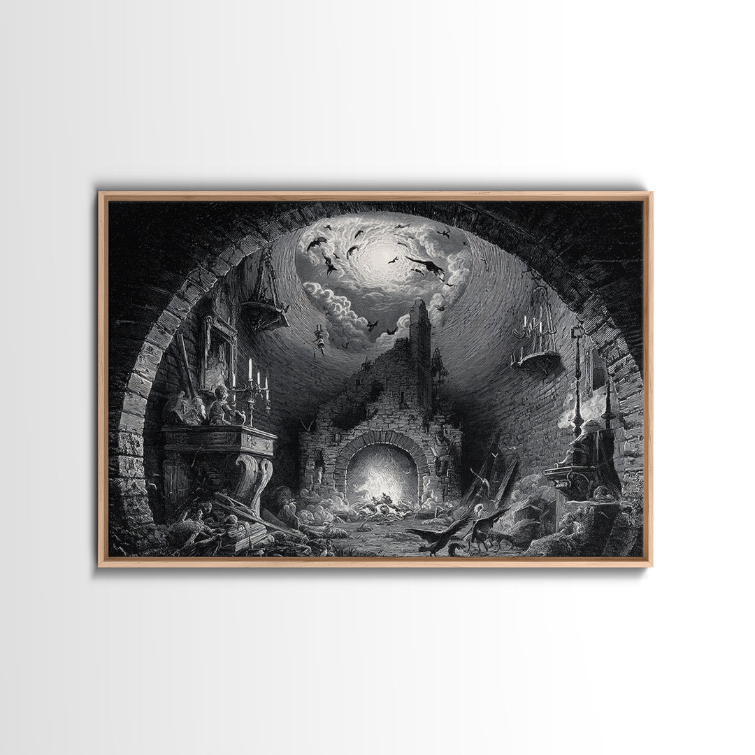 The Chimney Phantom, Architectural Etching Art, Landscape Wall Art, Dark Fantasy Wall Art, Framed Canvas Print