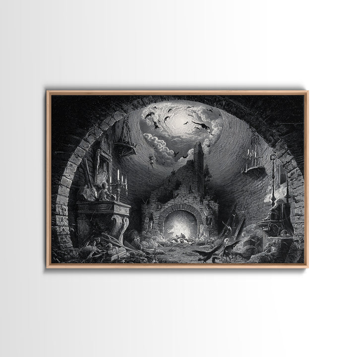 The Chimney Phantom, Architectural Etching Art, Landscape Wall Art, Dark Fantasy Wall Art, Framed Canvas Print