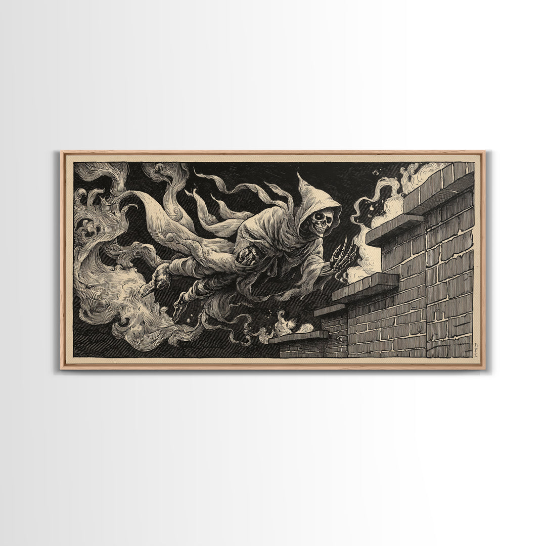 The Chimney Phantom, Macabre Folk Print Art, Wide Panoramic Art, Macabre Wall Art, Framed Canvas Print, Halloween Wall Art
