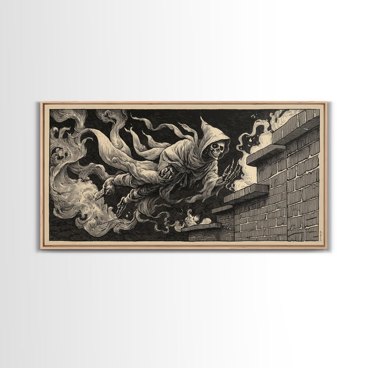 The Chimney Phantom, Macabre Folk Print Art, Wide Panoramic Art, Macabre Wall Art, Framed Canvas Print, Halloween Wall Art