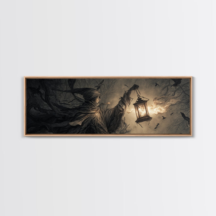 The Lantern Specter, Medieval Grotesque Art, Extra Wide Wall Art, Macabre Wall Art, Framed Canvas Print, Halloween Wall Art