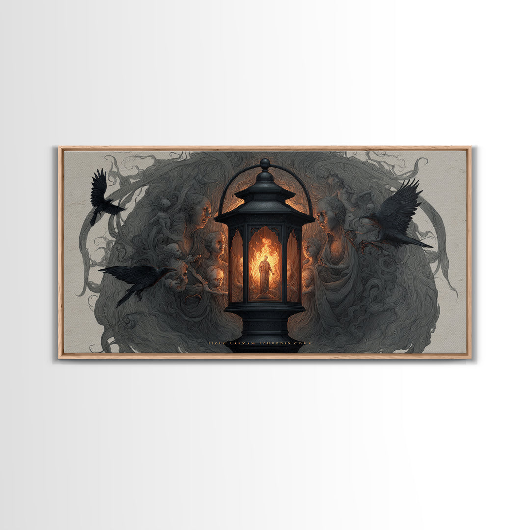 The Lantern Specter, Visionary Gothic Art, Wide Panoramic Art, Dark Fantasy Wall Art, Framed Canvas Print, Halloween Wall Art
