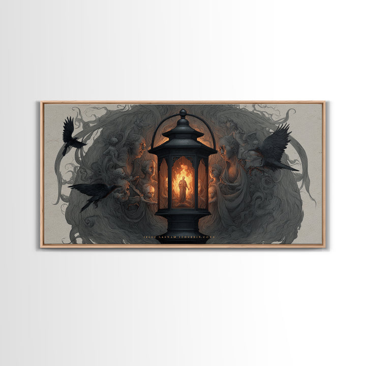 The Lantern Specter, Visionary Gothic Art, Wide Panoramic Art, Dark Fantasy Wall Art, Framed Canvas Print, Halloween Wall Art