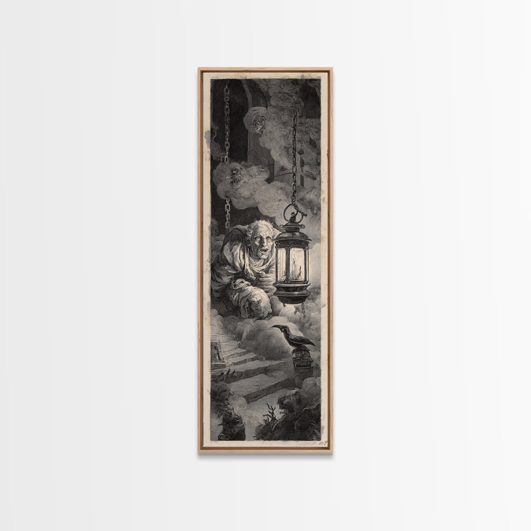 The Lantern Specter, Architectural Etching Art, Tall Narrow Wall Art, Dark Fantasy Wall Art, Canvas Print, Halloween Wall Art