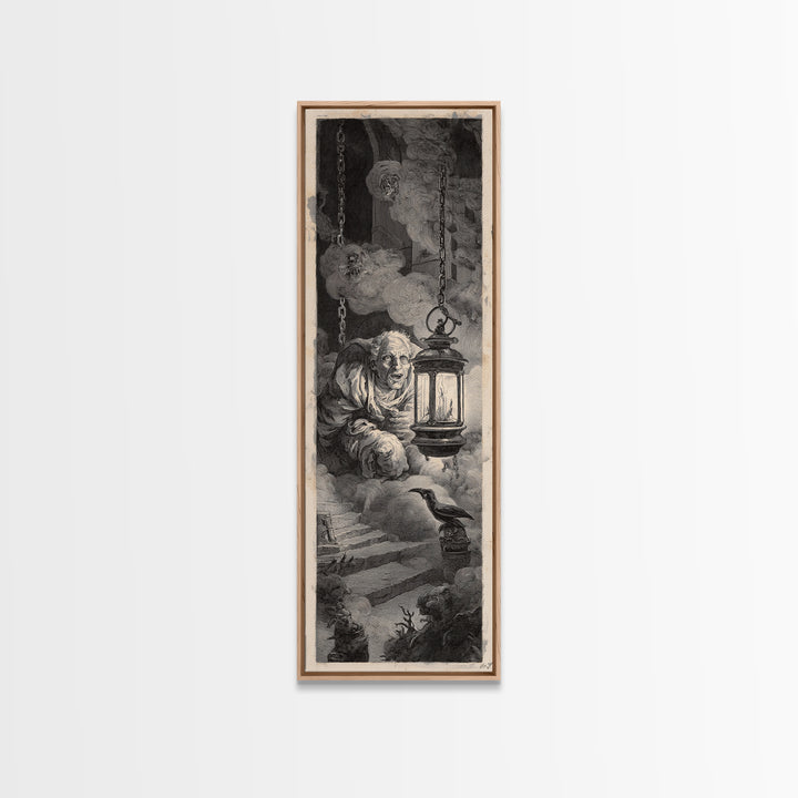 The Lantern Specter, Architectural Etching Art, Tall Narrow Wall Art, Dark Fantasy Wall Art, Canvas Print, Halloween Wall Art