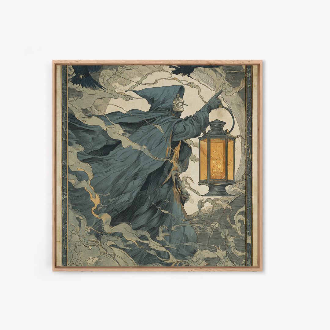 The Lantern Specter, Symbolist Etching Art, Square Wall Art, Dark Fantasy Wall Art, Canvas Print, Halloween Wall Art, Seasonal Home Decor