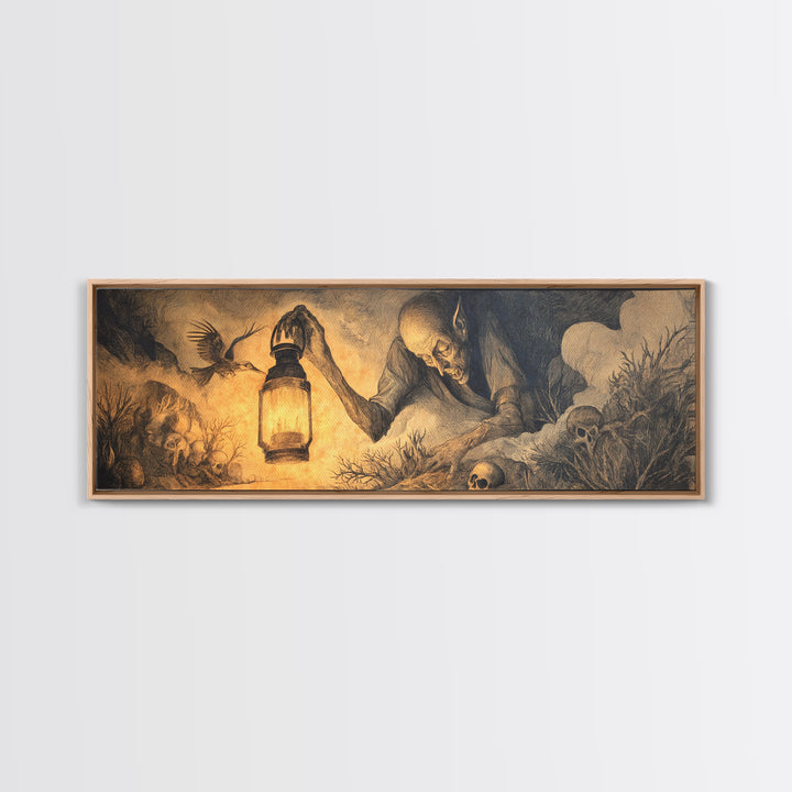 The Lantern Specter, Expressionist Nightmare Art, Extra Wide Wall Art, Macabre Wall Art, Framed Canvas Print, Halloween Wall Art