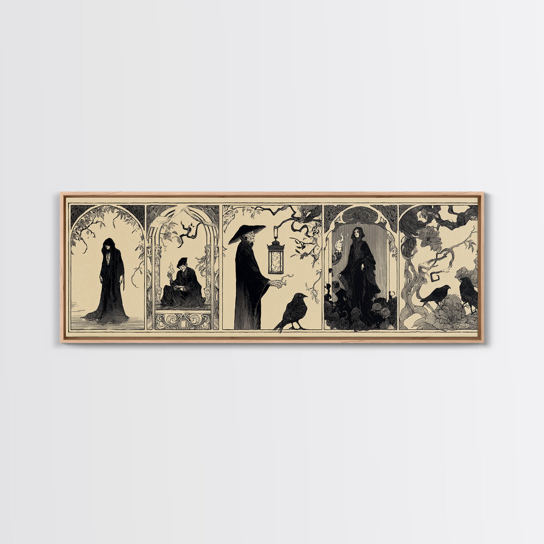 The Lantern Specter, Decadent Line Art, Extra Wide Wall Art, Macabre Wall Art, Framed Canvas Print, Halloween Wall Art
