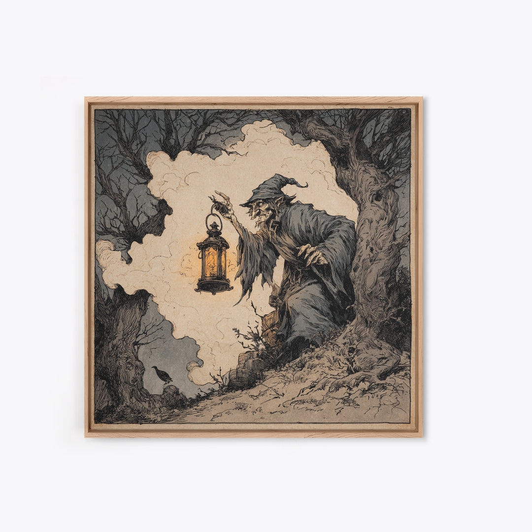 The Lantern Specter, Gothic Storybook Art, Square Wall Art, Macabre Wall Art, Framed Canvas Print, Halloween Wall Art