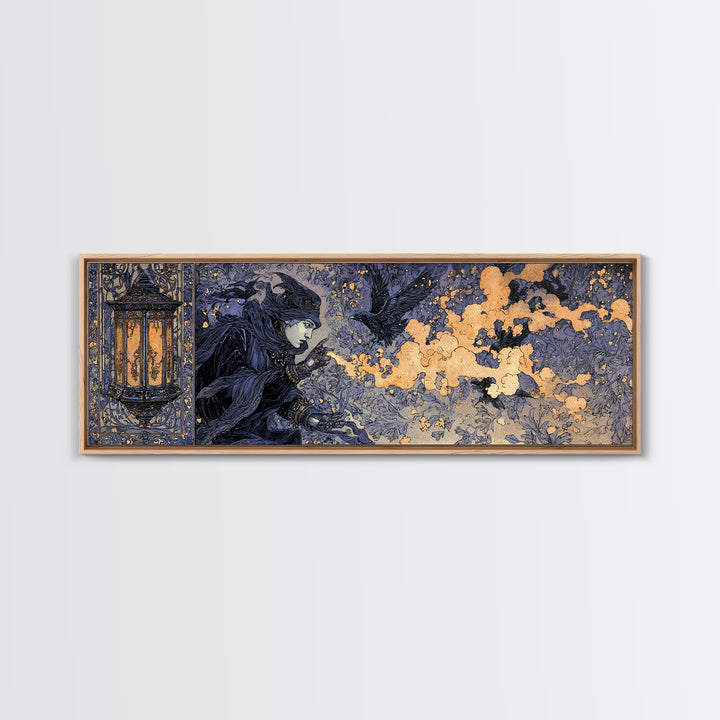 The Lantern Specter, Stained Glass Gothic Art, Extra Wide Wall Art, Dark Halloween Decor, Canvas Print, Halloween Wall Art