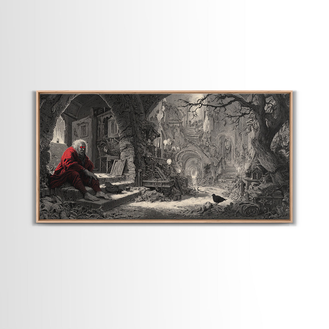 The Red-Eyed Night Hag, Architectural Etching Art, Wide Panoramic Art, Macabre Wall Art, Canvas Print, Halloween Wall Art