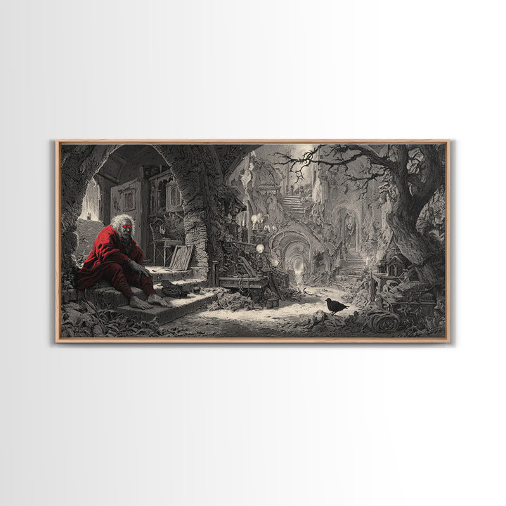 The Red-Eyed Night Hag, Architectural Etching Art, Wide Panoramic Art, Macabre Wall Art, Canvas Print, Halloween Wall Art