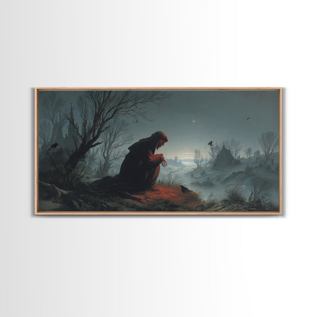 The Red-Eyed Night Hag, Romantic Gothic Landscape, Wide Panoramic Art, Dark Halloween Decor, Canvas Print, Halloween Wall Art