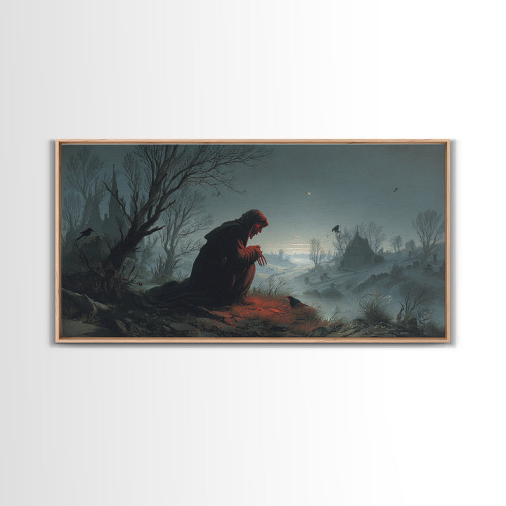 The Red-Eyed Night Hag, Romantic Gothic Landscape, Wide Panoramic Art, Dark Halloween Decor, Canvas Print, Halloween Wall Art
