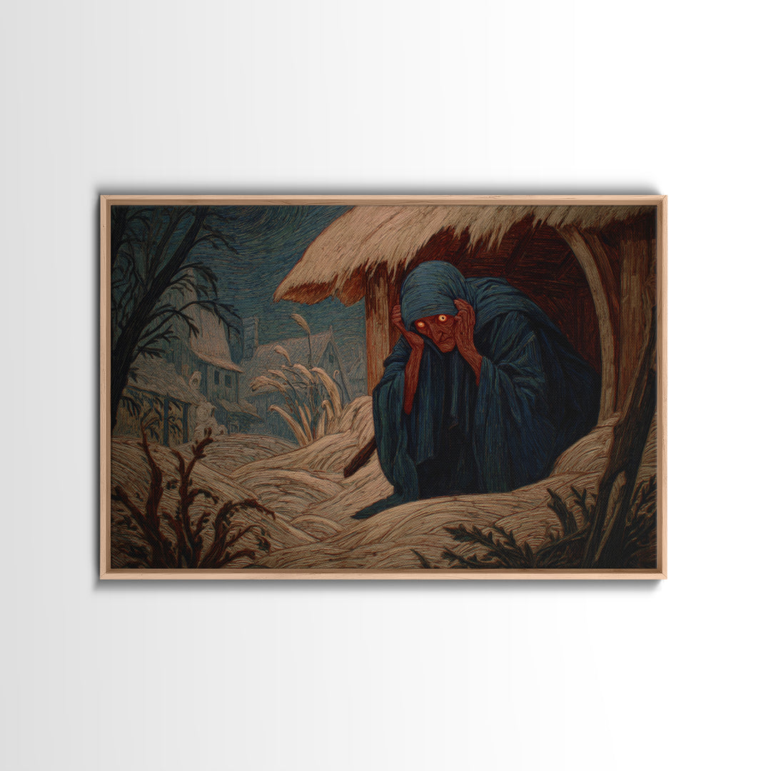 The Red-Eyed Night Hag, Expressionist Gothic Art, Landscape Wall Art, Macabre Wall Art, Framed Canvas Print, Halloween Wall Art
