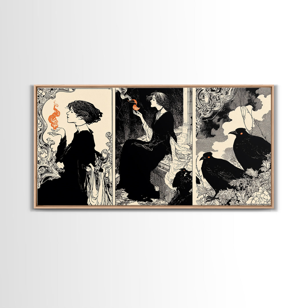 The Red-Eyed Night Hag, Decadent Line Art, Wide Panoramic Art, Dark Fantasy Wall Art, Framed Canvas Print, Halloween Wall Art