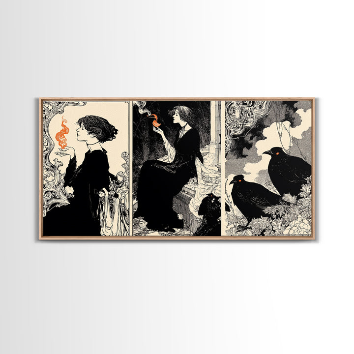 The Red-Eyed Night Hag, Decadent Line Art, Wide Panoramic Art, Dark Fantasy Wall Art, Framed Canvas Print, Halloween Wall Art