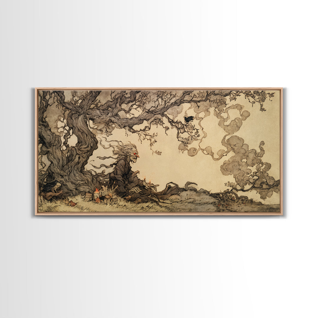 The Red-Eyed Night Hag, Gothic Storybook Art, Wide Panoramic Art, Macabre Wall Art, Canvas Print, Halloween Wall Art