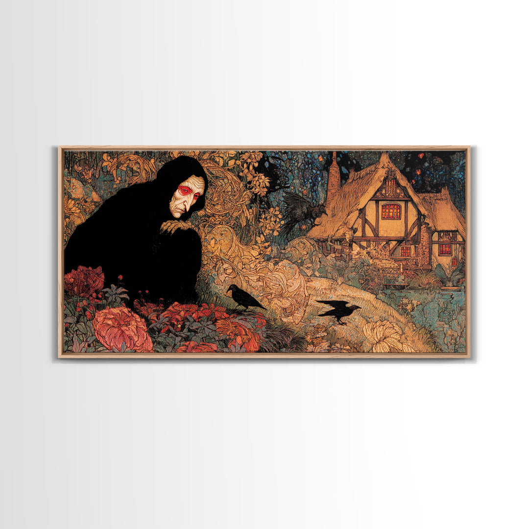 The Red-Eyed Night Hag, Stained Glass Gothic Art, Wide Panoramic Art, Dark Fantasy Wall Art, Canvas Print, Halloween Wall Art