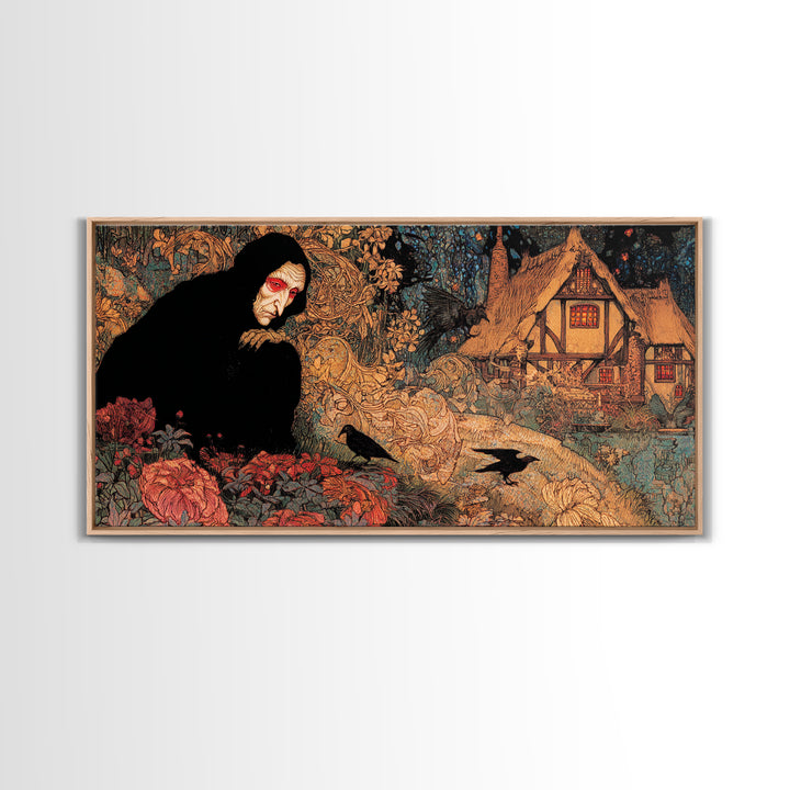 The Red-Eyed Night Hag, Stained Glass Gothic Art, Wide Panoramic Art, Dark Fantasy Wall Art, Canvas Print, Halloween Wall Art