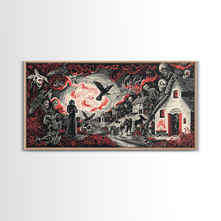 The Red-Eyed Night Hag, Macabre Folk Print Art, Wide Panoramic Art, Gothic Horror Wall Art, Canvas Print, Halloween Wall Art