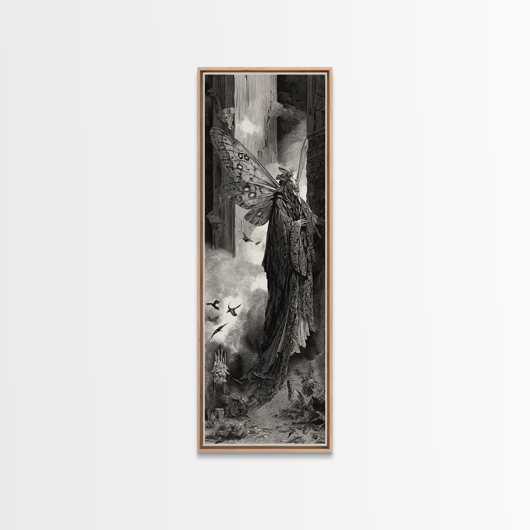 The Velvet Moth Witch, Gothic Engraving Art, Tall Narrow Wall Art, Gothic Horror Wall Art, Canvas Print, Halloween Wall Art
