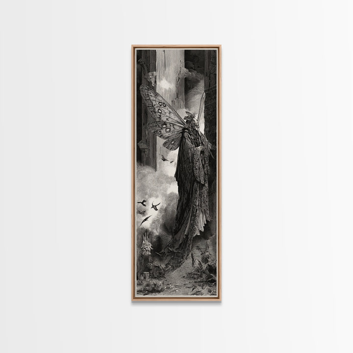 The Velvet Moth Witch, Gothic Engraving Art, Tall Narrow Wall Art, Gothic Horror Wall Art, Canvas Print, Halloween Wall Art