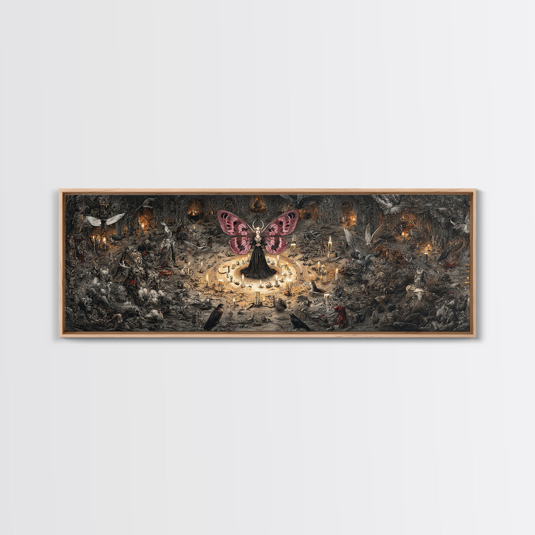The Velvet Moth Witch, Medieval Grotesque Art, Extra Wide Wall Art, Dark Halloween Decor, Canvas Print, Halloween Wall Art