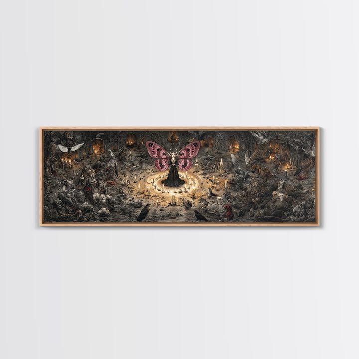 The Velvet Moth Witch, Medieval Grotesque Art, Extra Wide Wall Art, Dark Halloween Decor, Canvas Print, Halloween Wall Art