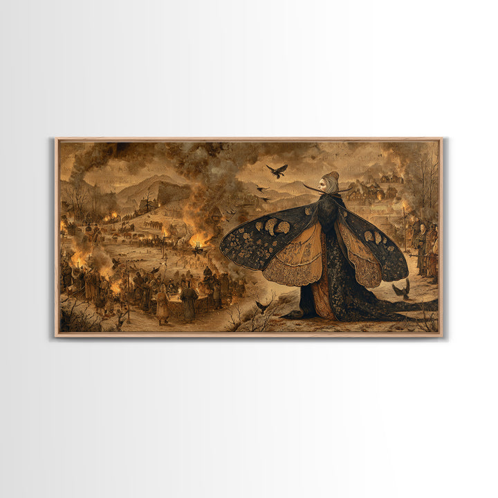 The Velvet Moth Witch, Northern Renaissance Horror, Wide Panoramic Art, Gothic Horror Wall Art, Framed Canvas Print
