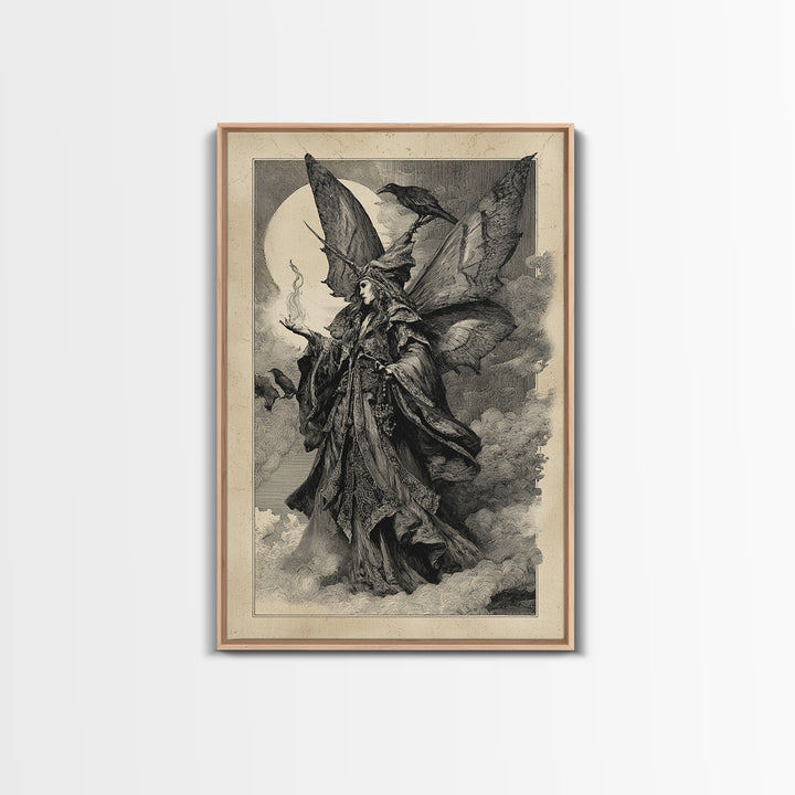 The Velvet Moth Witch, Renaissance Engraving Art, Vertical Wall Art, Gothic Horror Wall Art, Framed Canvas Print, Halloween Wall Art