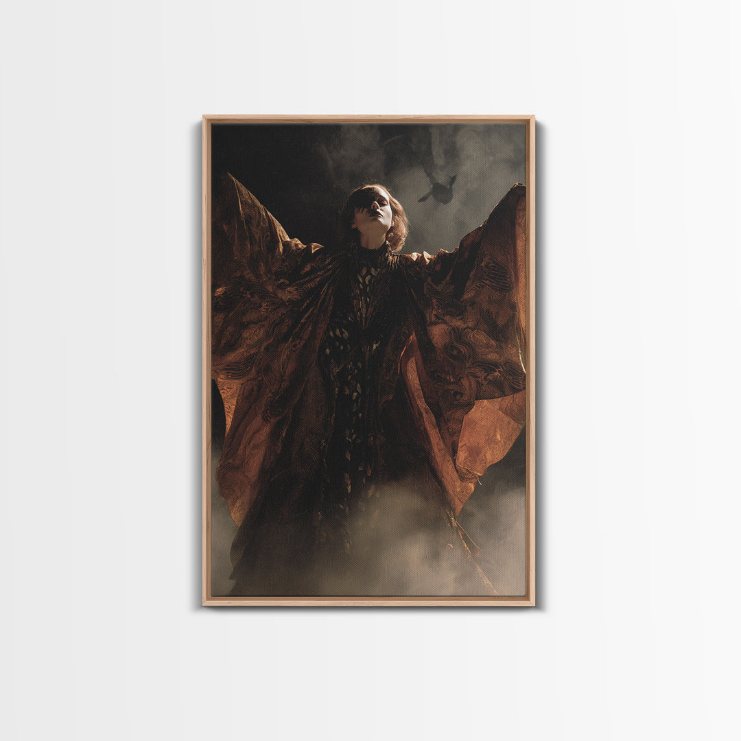 The Velvet Moth Witch, Visionary Gothic Art, Vertical Wall Art, Dark Halloween Decor, Canvas Print, Halloween Wall Art