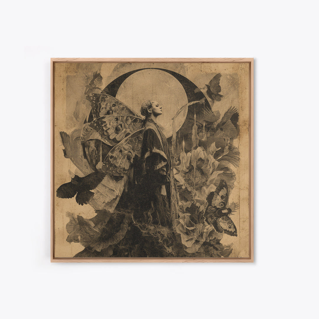 The Velvet Moth Witch, Symbolist Dream Art, Square Wall Art, Dark Fantasy Wall Art, Framed Canvas Print, Halloween Wall Art
