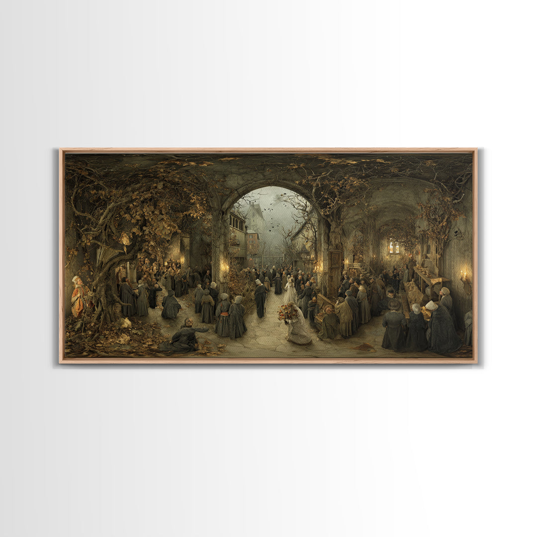 The Ghostly Groom, Northern Renaissance Horror, Wide Panoramic Art, Macabre Wall Art, Framed Canvas Print, Halloween Wall Art