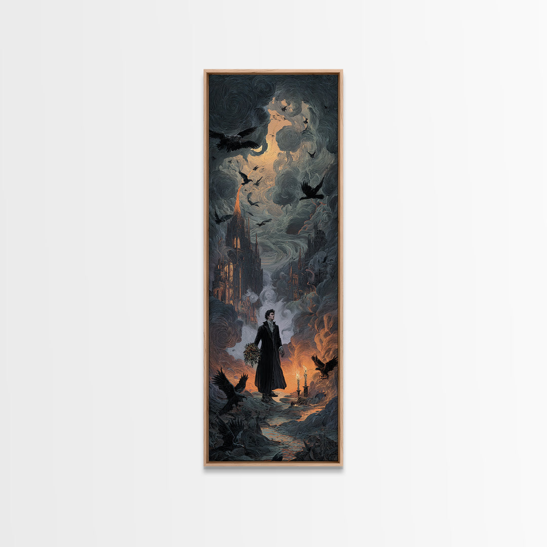 The Ghostly Groom, Apocalyptic Romantic Art, Tall Narrow Wall Art, Dark Halloween Decor, Framed Canvas Print, Halloween Wall Art