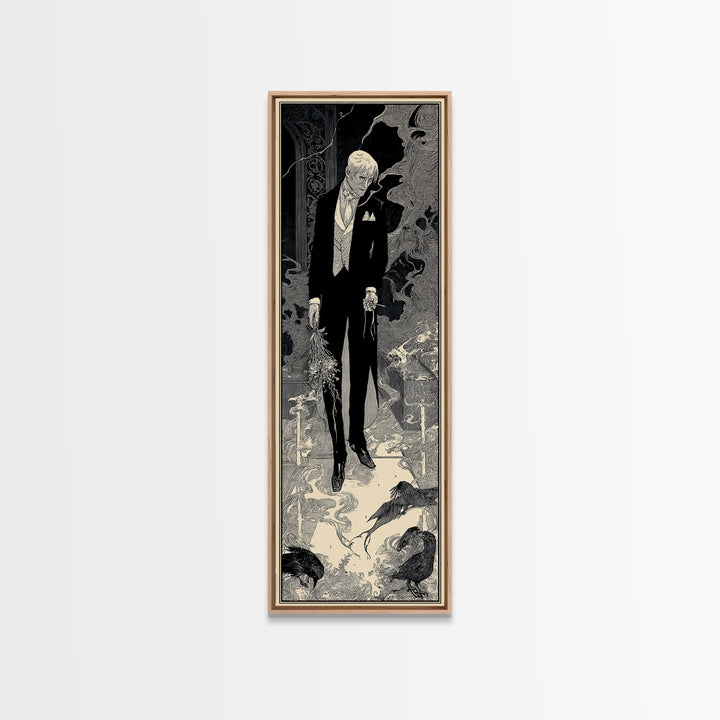 The Ghostly Groom, Decadent Line Art, Tall Narrow Wall Art, Dark Fantasy Wall Art, Framed Canvas Print, Halloween Wall Art
