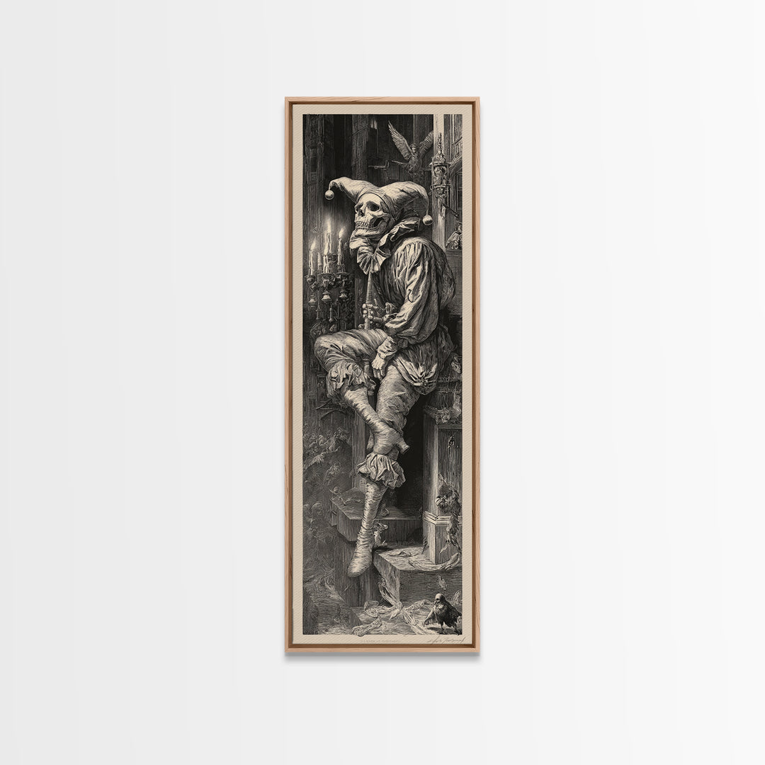 The Phantom Jester, Gothic Engraving Art, Tall Narrow Wall Art, Dark Fantasy Wall Art, Framed Canvas Print, Halloween Wall Art