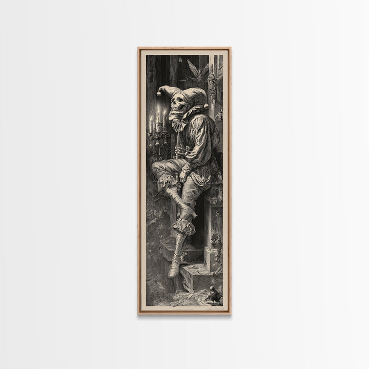 The Phantom Jester, Gothic Engraving Art, Tall Narrow Wall Art, Dark Fantasy Wall Art, Framed Canvas Print, Halloween Wall Art
