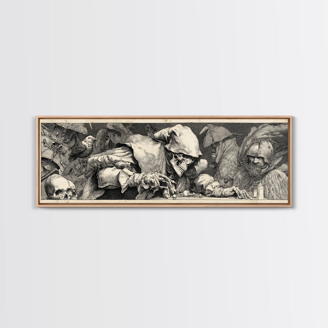 The Phantom Jester, Renaissance Engraving Art, Extra Wide Wall Art, Dark Halloween Decor, Canvas Print, Halloween Wall Art
