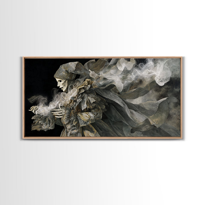 The Phantom Jester, Visionary Gothic Art, Wide Panoramic Art, Macabre Wall Art, Framed Canvas Print, Halloween Wall Art
