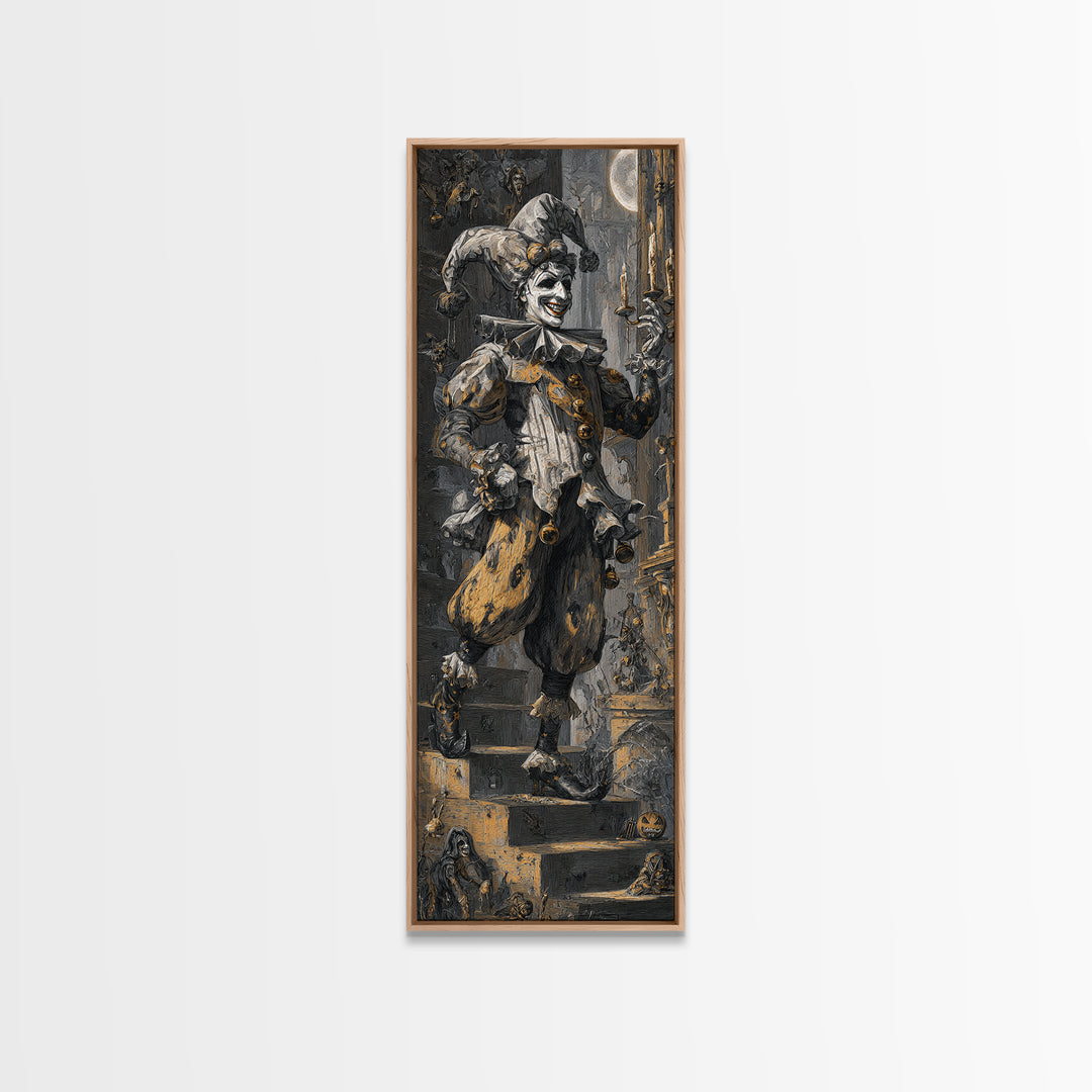 The Phantom Jester, Architectural Etching Art, Tall Narrow Wall Art, Gothic Horror Wall Art, Framed Canvas Print